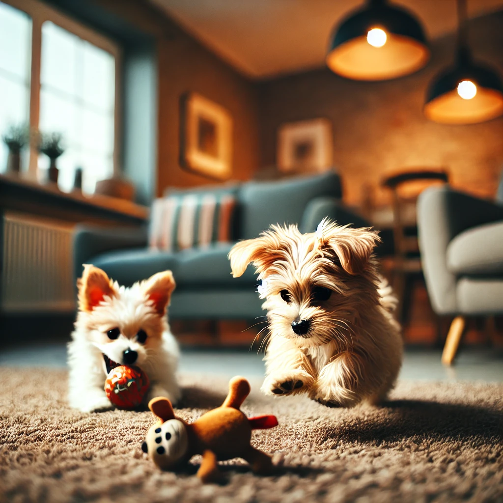 Kleine honden spelen binnenshuis met verschillende hondenspeeltjes