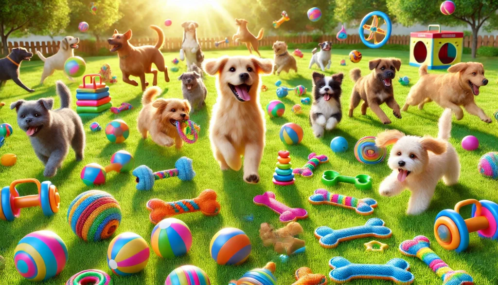 Verschillende honden van diverse rassen spelen vrolijk in een park met kleurrijke, duurzame hondenspeeltjes zoals touwtrekspeeltjes en ballen
