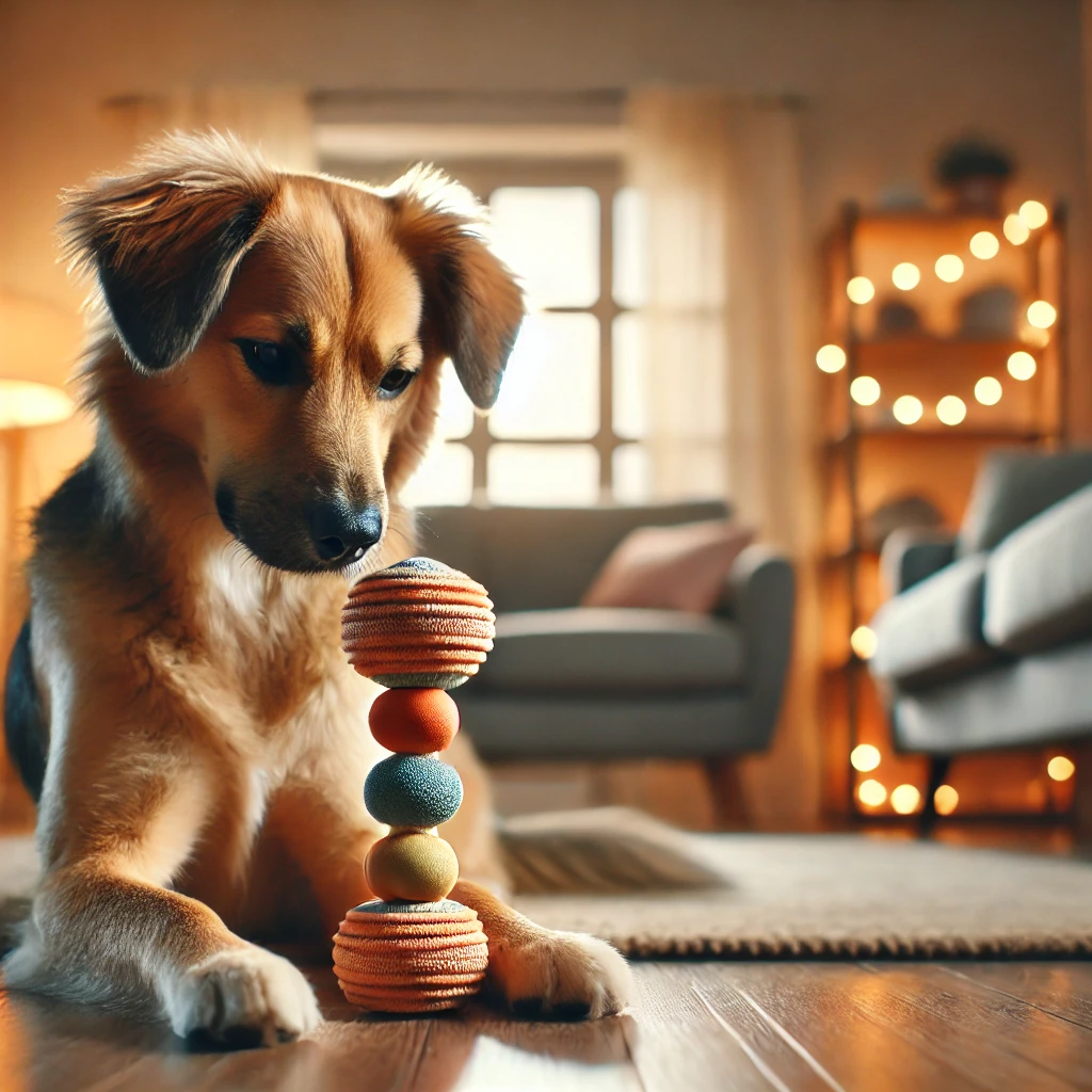 Hond speelt rustig met een interactief speeltje om blaffen te verminderen