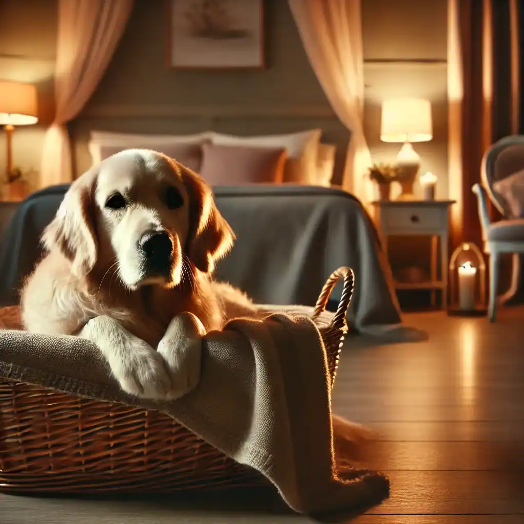 Hond ontspannen in een veilige plek met een deken tijdens vuurwerk